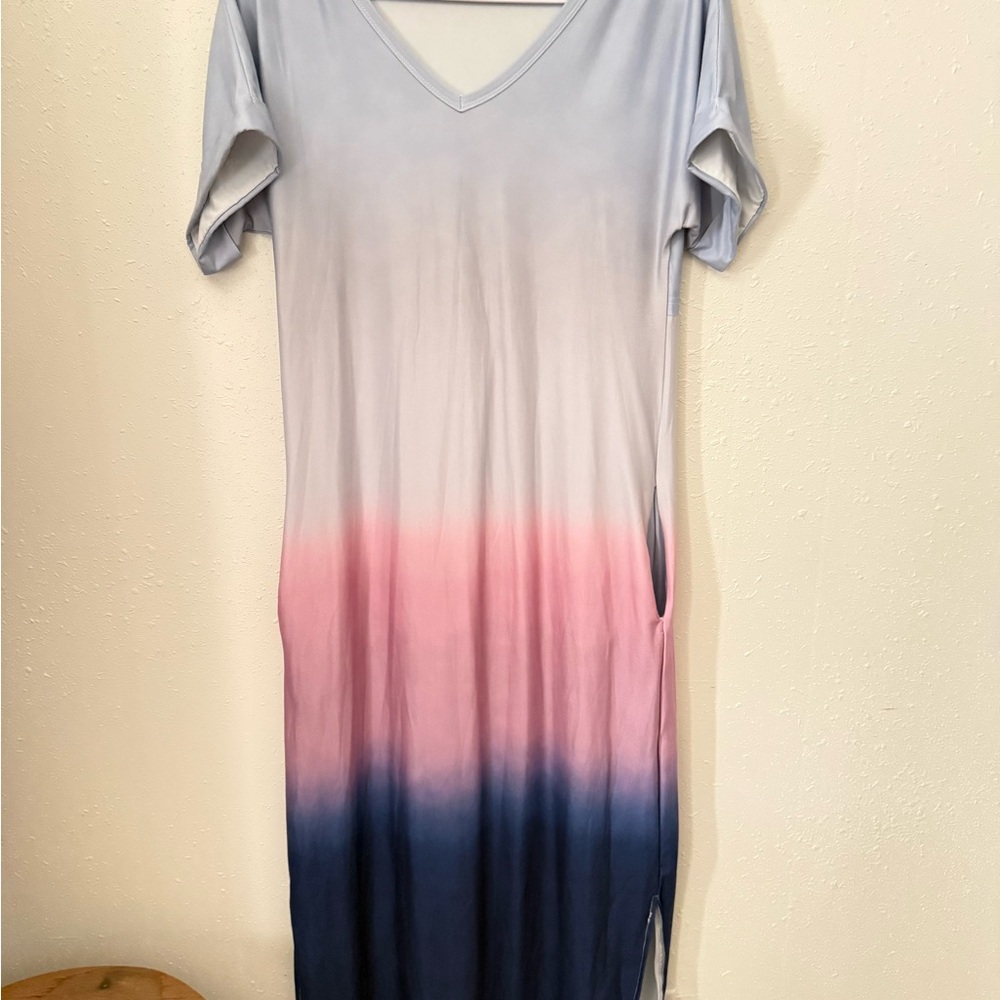 Ombre V-Neck Maxi Dress in Light Blue, Pink & Navy